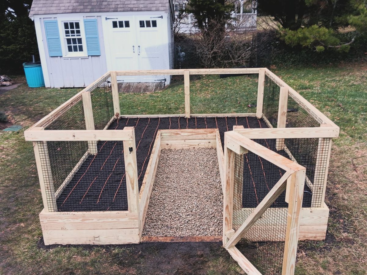 8 Raised Garden Bed Fence Ideas for Plants, Privacy, and Pests 8 A wooden raised garden bed enclosed by a wire mesh fence with a small gate.