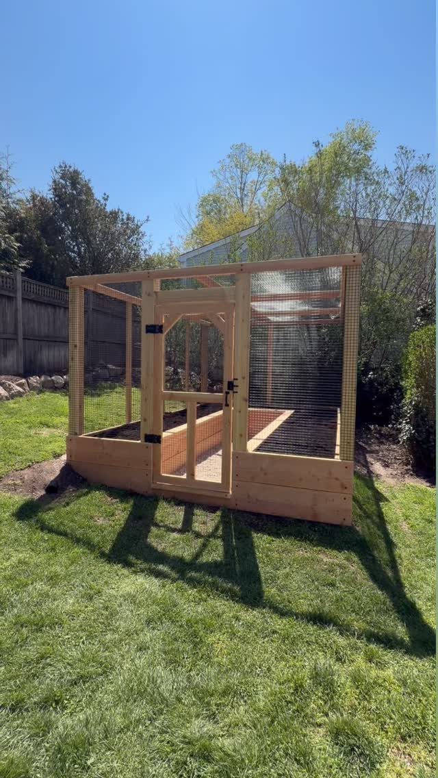 8 Raised Garden Bed Fence Ideas for Plants, Privacy, and Pests 4 A wooden raised garden bed enclosed by a tall wire mesh pest fence structure.