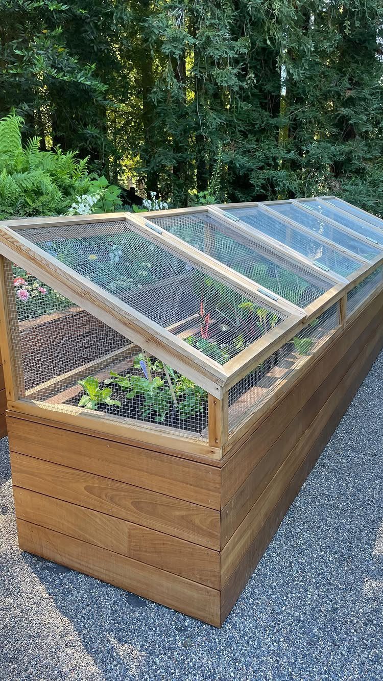 8 Raised Garden Bed Fence Ideas for Plants, Privacy, and Pests 7 A wooden raised garden bed with a wire mesh protective cover sitting on gravel outdoors.