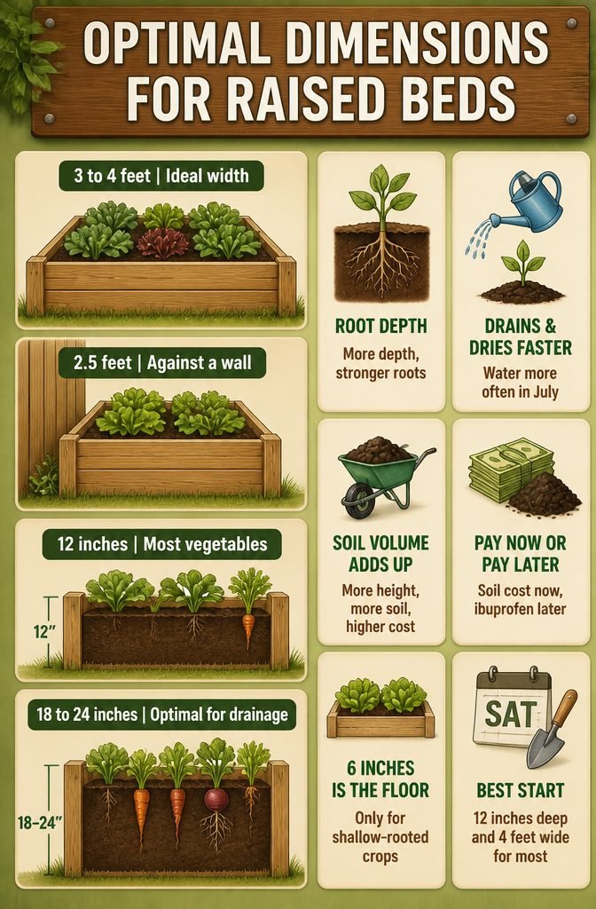 Raised Garden Bed for Beginners: 7 Steps to Start Growing 8 A chart showing optimal dimensions for raised garden beds.