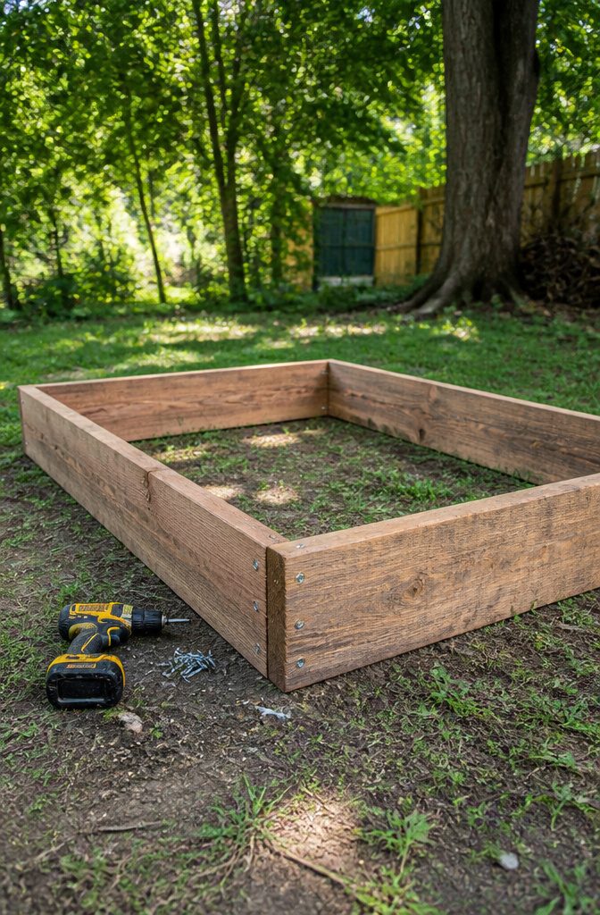 Raised Garden Bed for Beginners: 7 Steps to Start Growing 3 A cedar wood frame for a raised garden bed under construction.