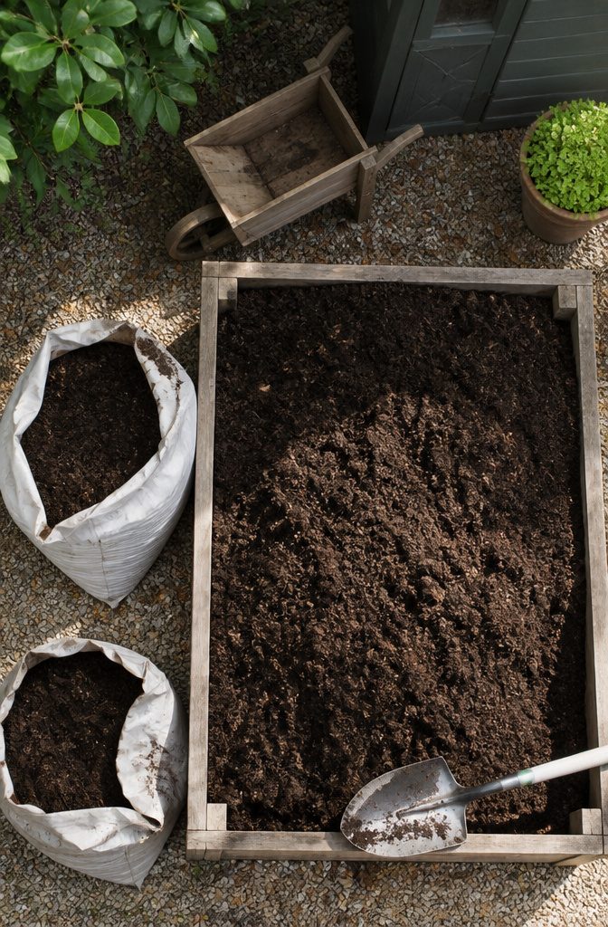 Raised Garden Bed for Beginners: 7 Steps to Start Growing 5 A raised garden bed being filled with soil and compost mix.