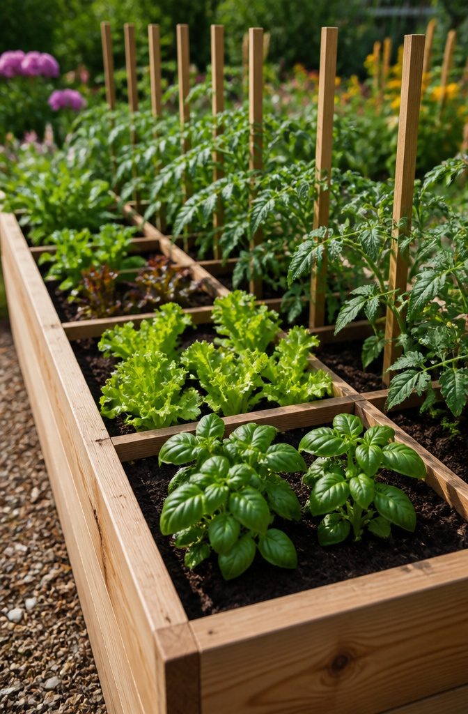 Raised Garden Bed for Beginners: 7 Steps to Start Growing 6 Tomatoes, lettuce, and herbs growing in a raised garden bed.