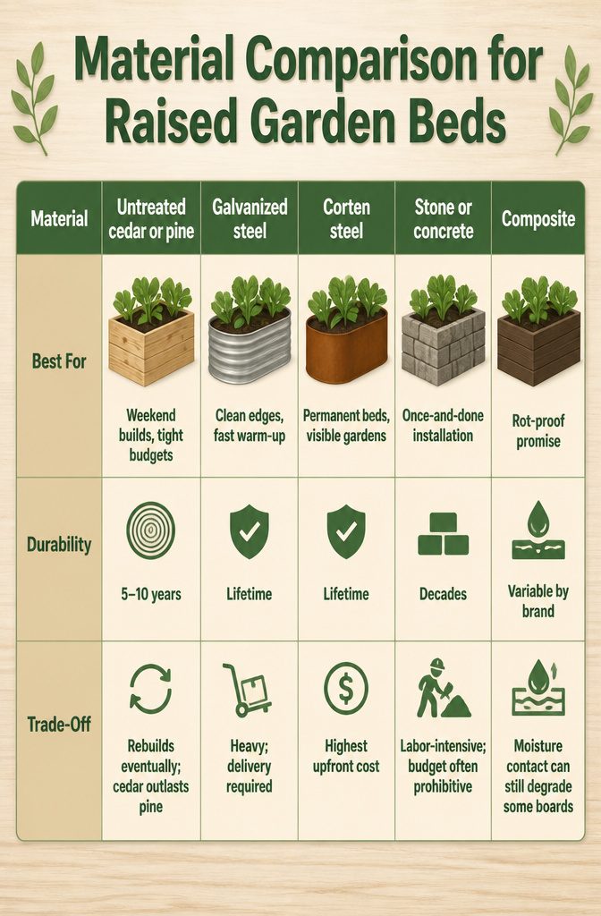 Raised Garden Bed for Beginners: 7 Steps to Start Growing 2 An infographic comparing materials for raised garden beds.