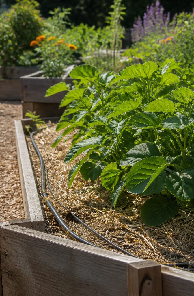 Raised Garden Bed for Beginners: 7 Steps to Start Growing 7 A raised garden bed covered with straw mulch and a drip irrigation system.
