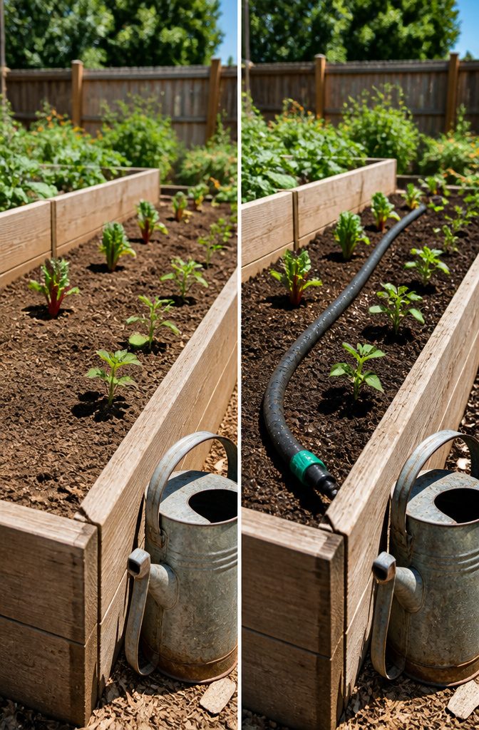 Raised Garden Bed for Beginners: 7 Steps to Start Growing 10 A gardener watering plants in a raised garden bed in the morning.