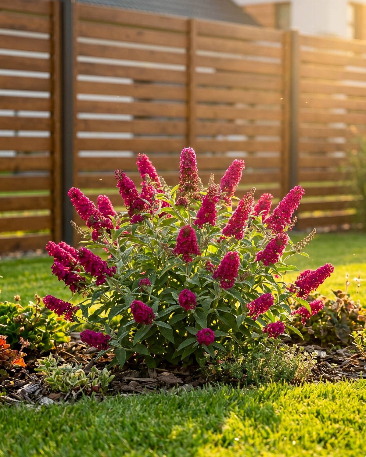 A flowering butterfly bush with bright pink conical blooms growing in a sunny garden bed.