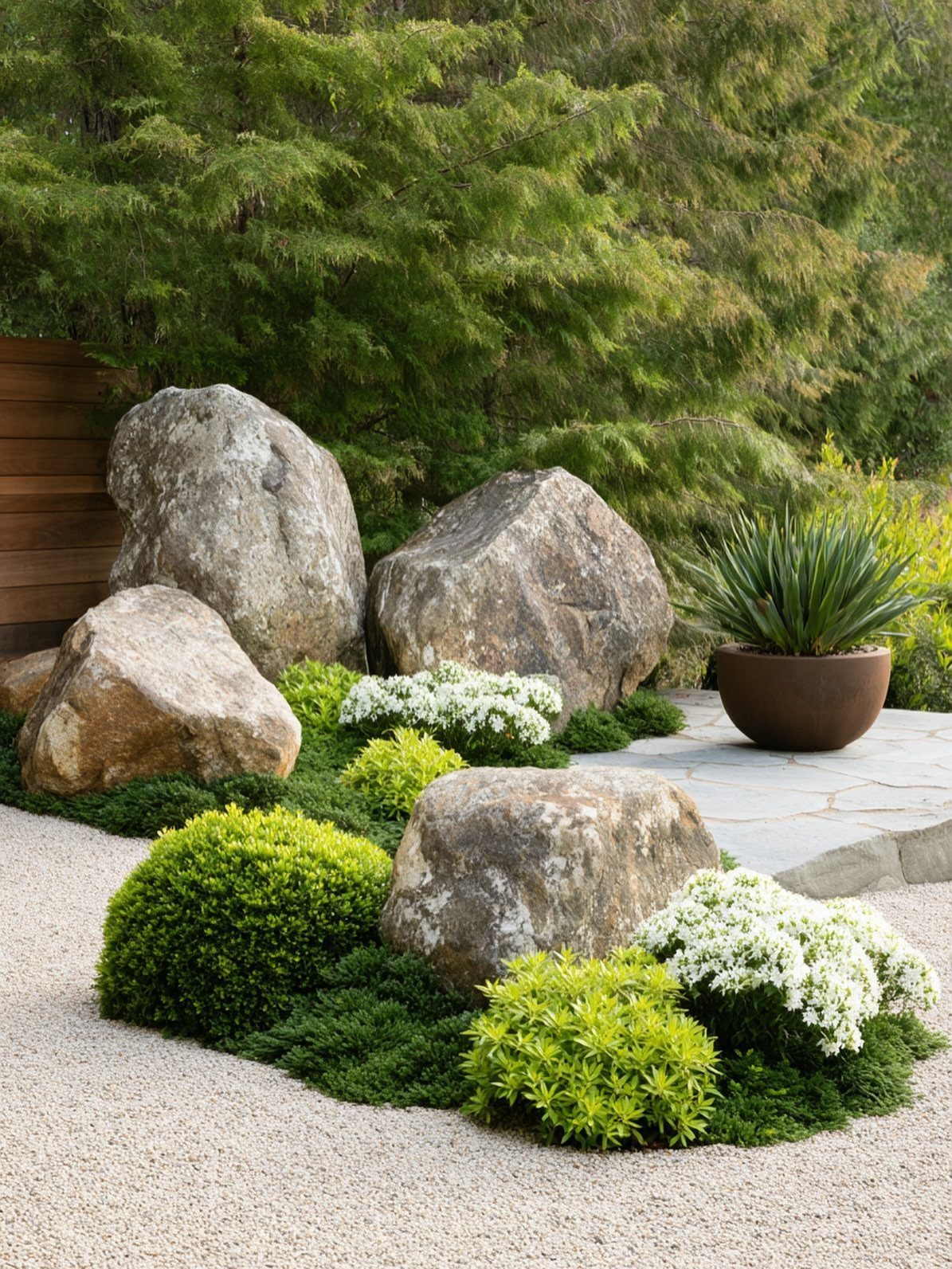 11 Rock Garden Ideas for Stone, Succulents and Alpine Plants 9 Large natural boulders and green shrubs arranged in a landscaped gravel garden with white flowers.