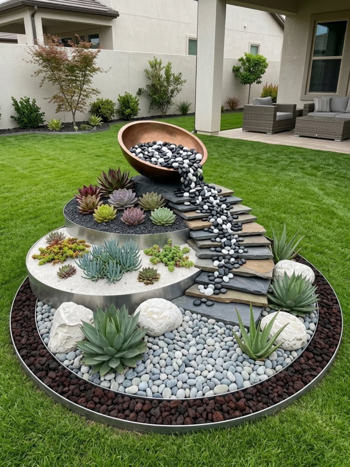 11 Rock Garden Ideas for Stone, Succulents and Alpine Plants 8 A tiered modern rock garden with succulents, copper bowl, and various colored stones on a lawn.