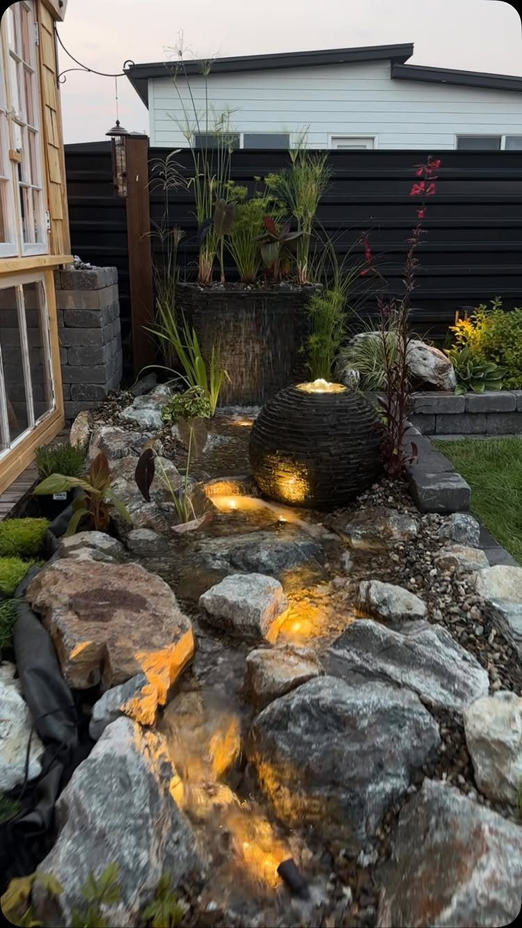 11 Rock Garden Ideas for Stone, Succulents and Alpine Plants 5 A small illuminated backyard stream flowing through large rocks and pebbles near a water feature.