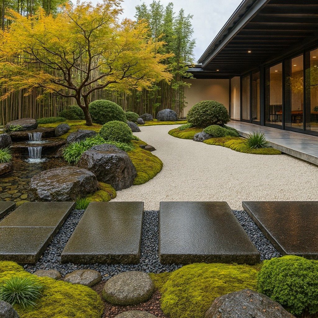 11 Rock Garden Ideas for Stone, Succulents and Alpine Plants 2 A serene Zen garden with raked white gravel, mossy rocks, and a small waterfall near a modern house.