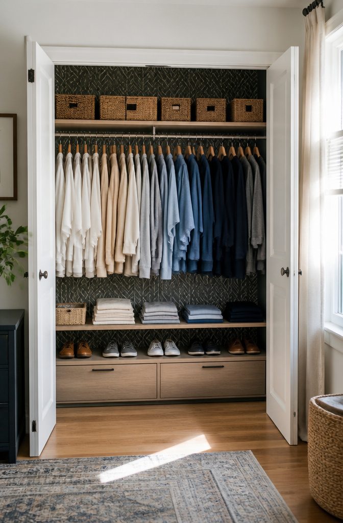 An open closet arranged by color with stylish wooden shelves.