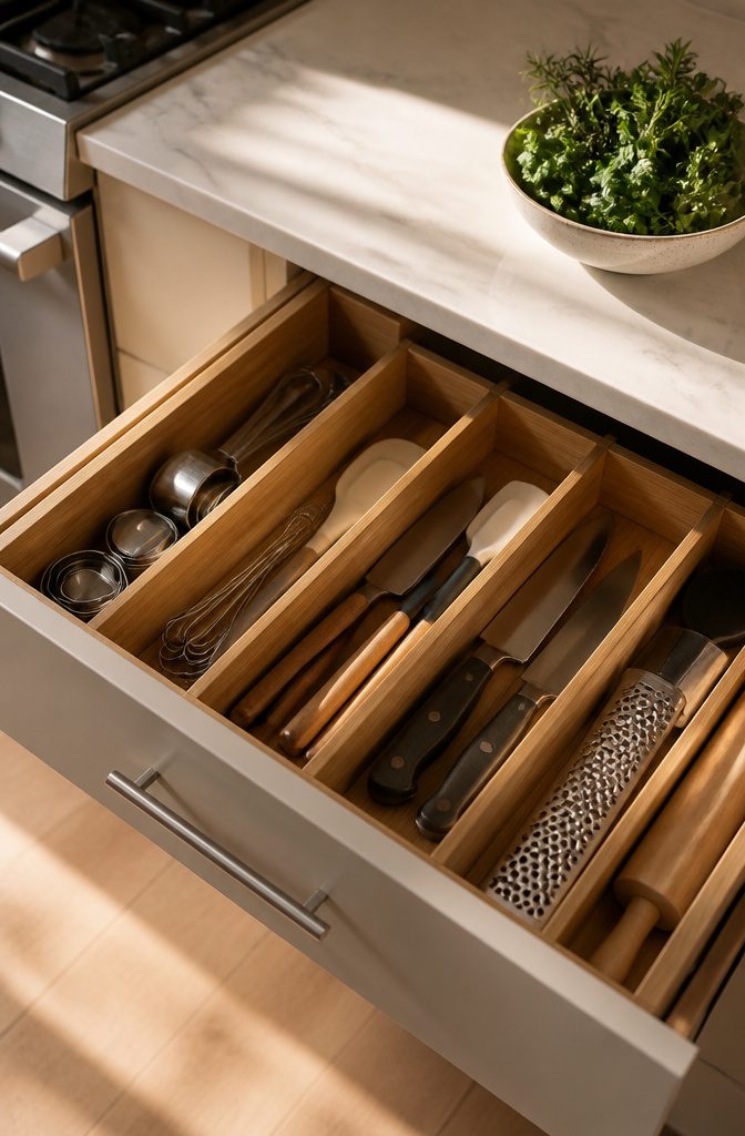 A kitchen drawer with bamboo dividers for organizing utensils.