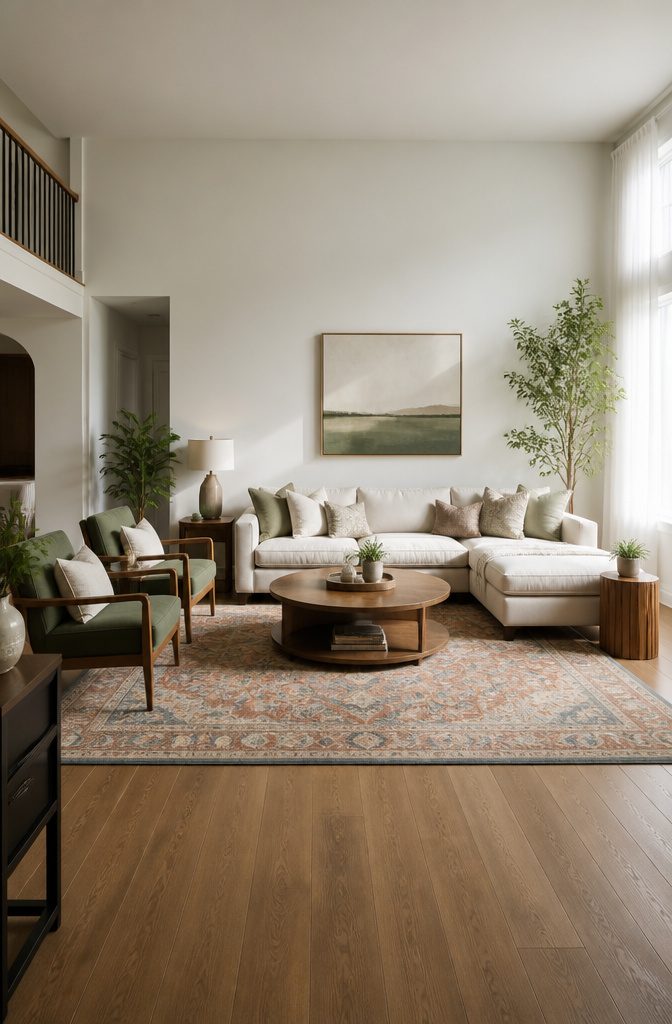 A room with furniture arranged to optimize space and movement.