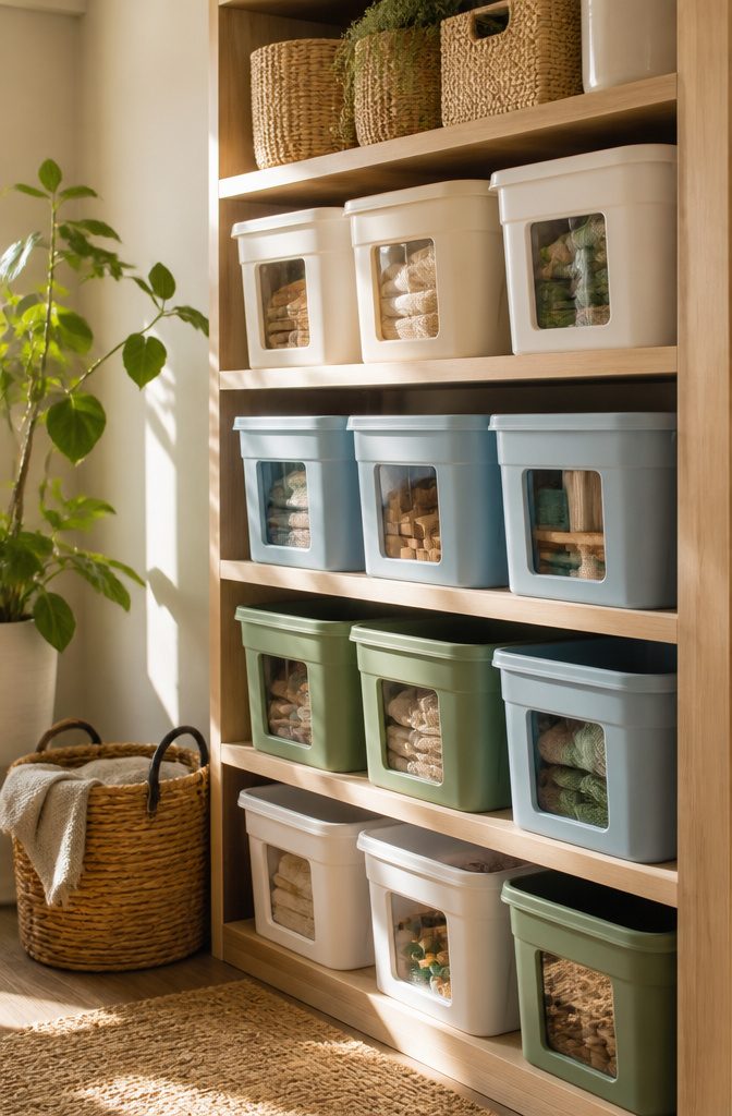Stacked labeled bins on a wooden shelf in a storage area.