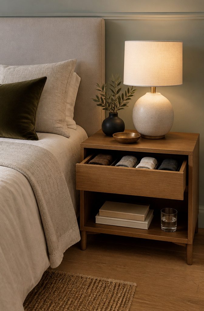 A nightstand with an open shelf and a drawer next to a bed.