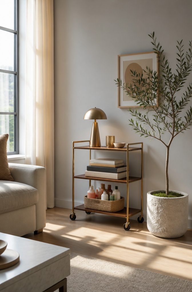 A three-tier metal rolling cart used as a nightstand in a bedroom.