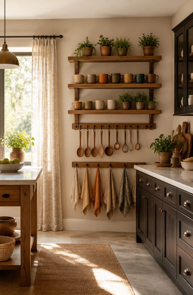 Floating shelves and hooks mounted on a wall for organization.
