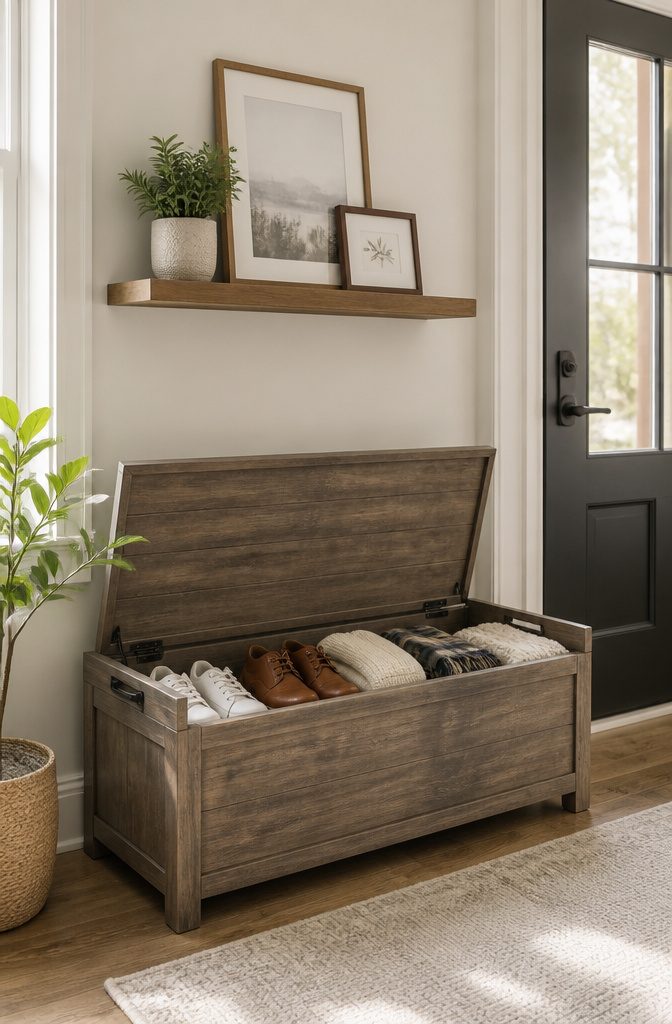 A storage bench with an open lid revealing stored shoes inside.