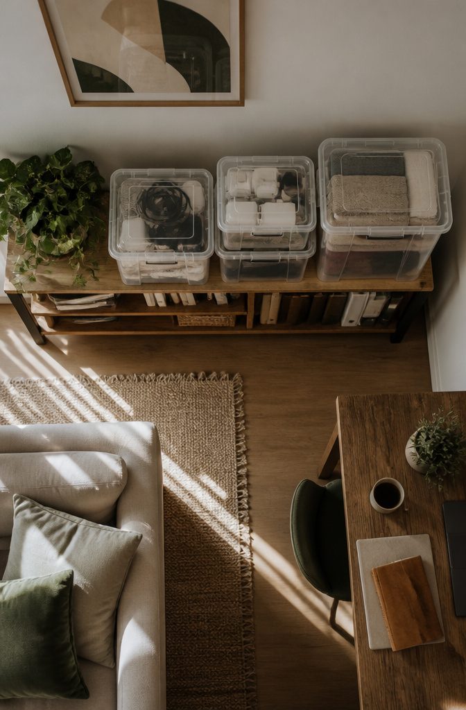 A shelf filled with matching storage bins of various sizes.