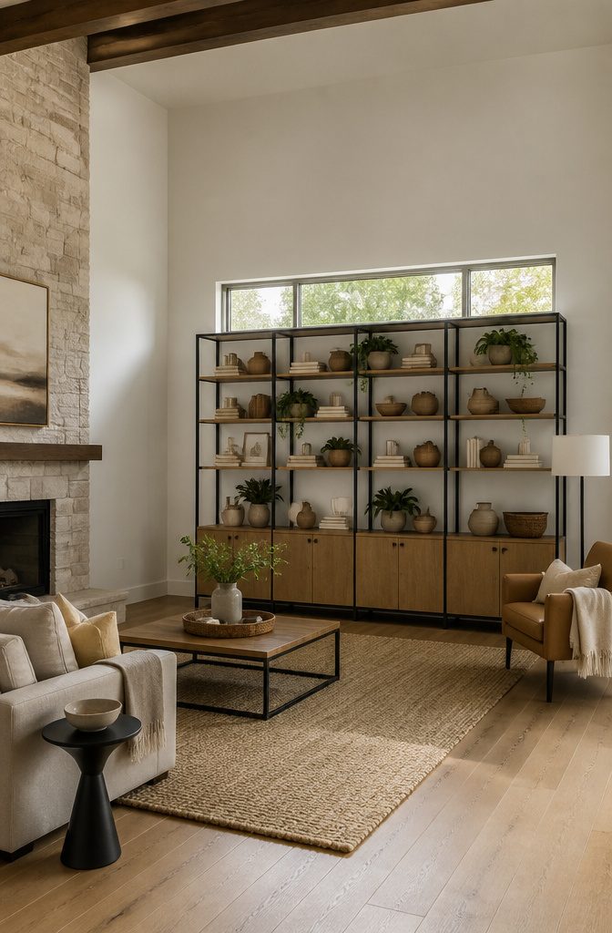 Tall shelves mounted on a wall displaying various items.
