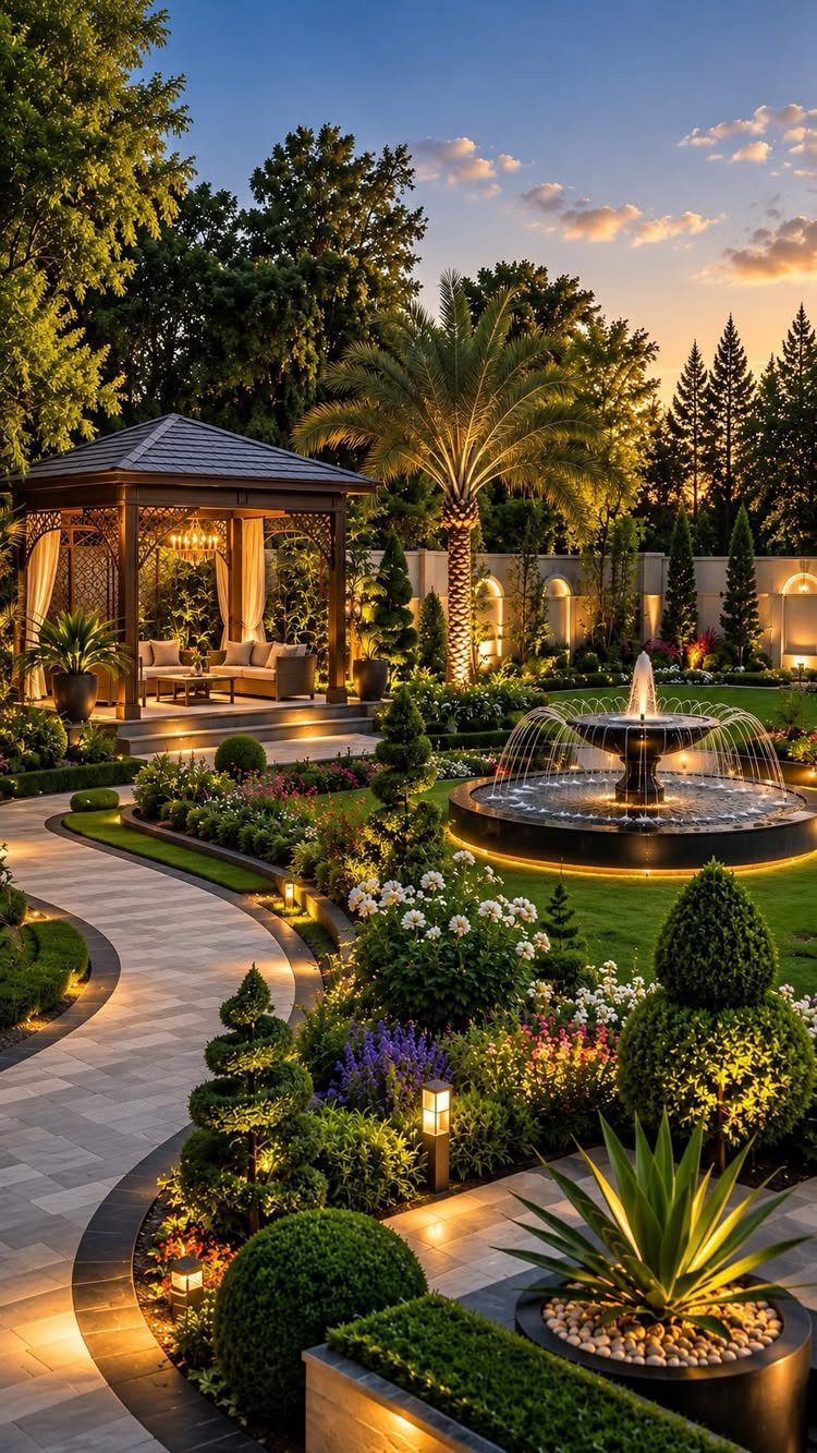 A wide, smooth stone pathway winding through a lush, illuminated luxury garden at twilight.