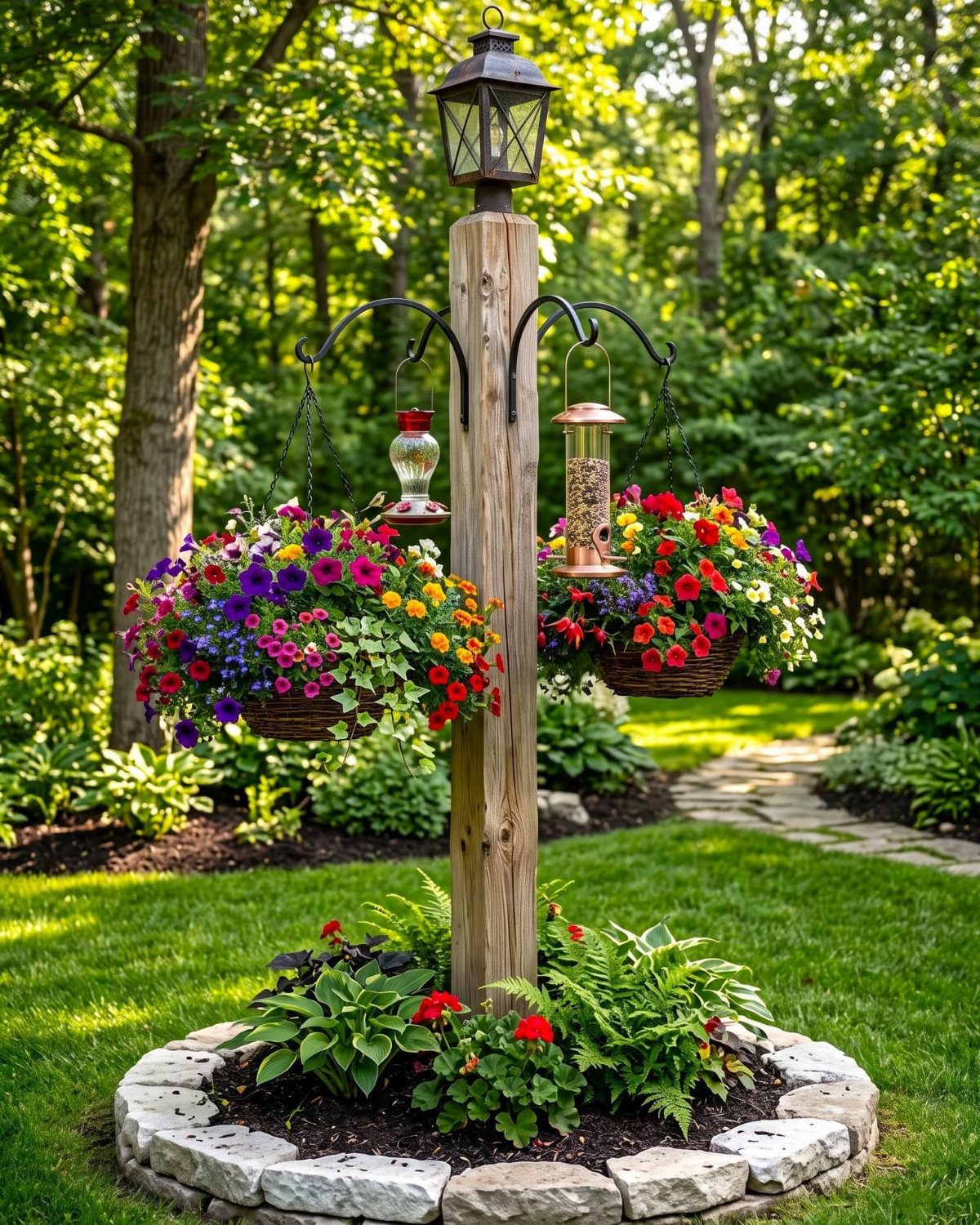 Wooden garden post with hanging flower baskets and bird feeders in a lush green yard.