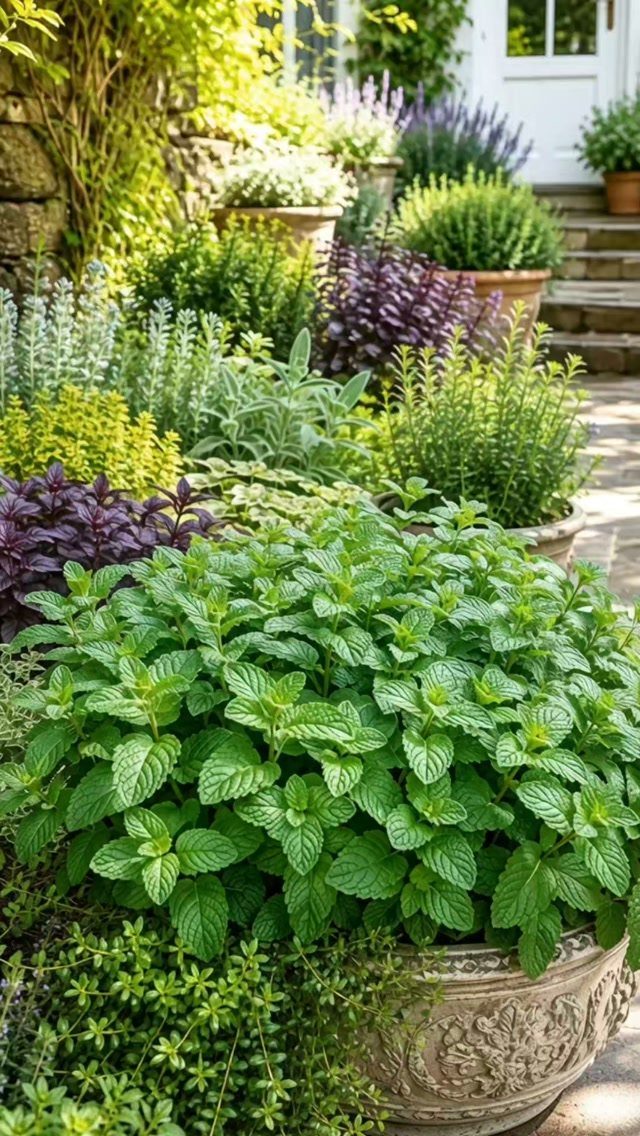 Green mint plants growing in a large decorative stone pot amidst a sunny herb garden.