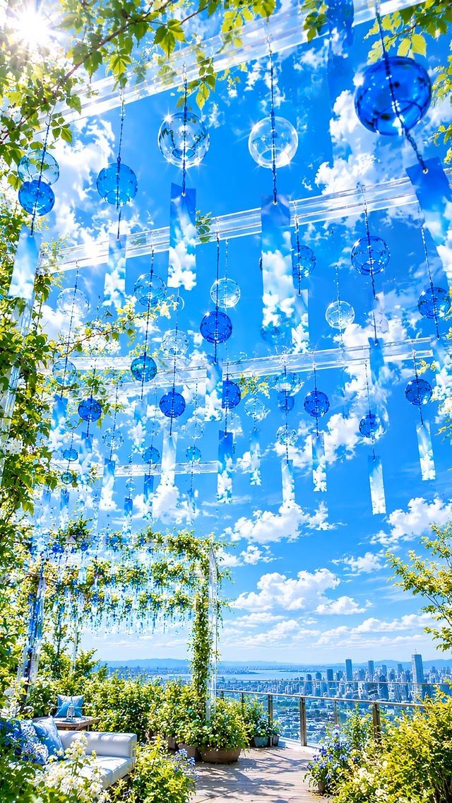 Blue glass wind chimes hanging from a frame against a bright blue cloudy sky.