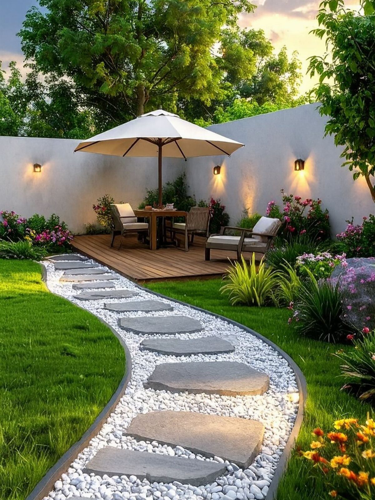 A winding stone path through white pebbles leads toward a wooden patio with outdoor furniture.