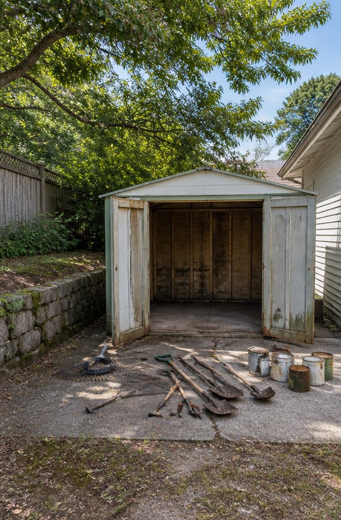 18 Shed Organization Ideas for Tools, Supplies and Storage (2026) 2 A shed interior showing water stains and soft spots on the floor.