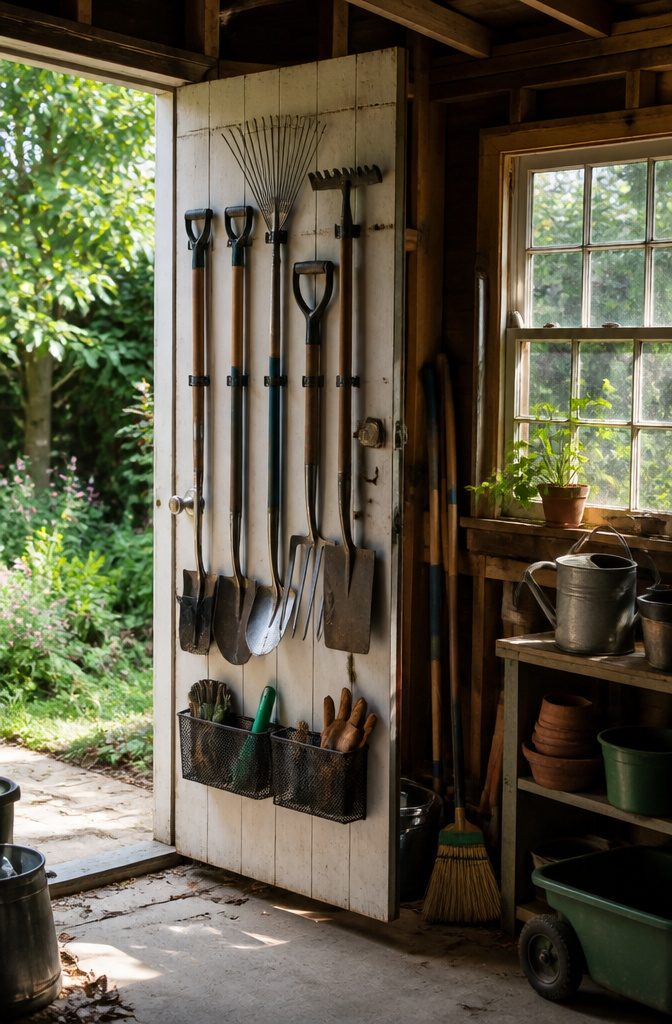 18 Shed Organization Ideas for Tools, Supplies and Storage (2026) 16 Flat tools hanging on the back of a shed door.