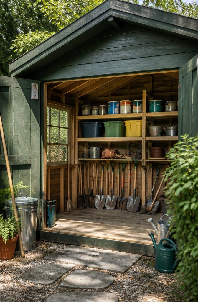 18 Shed Organization Ideas for Tools, Supplies and Storage (2026) 9 2x4 shelves in a shed holding various heavy tools.