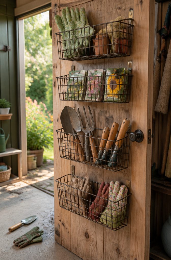 18 Shed Organization Ideas for Tools, Supplies and Storage (2026) 15 Wire hanging baskets on a wall filled with gloves and seed packets.