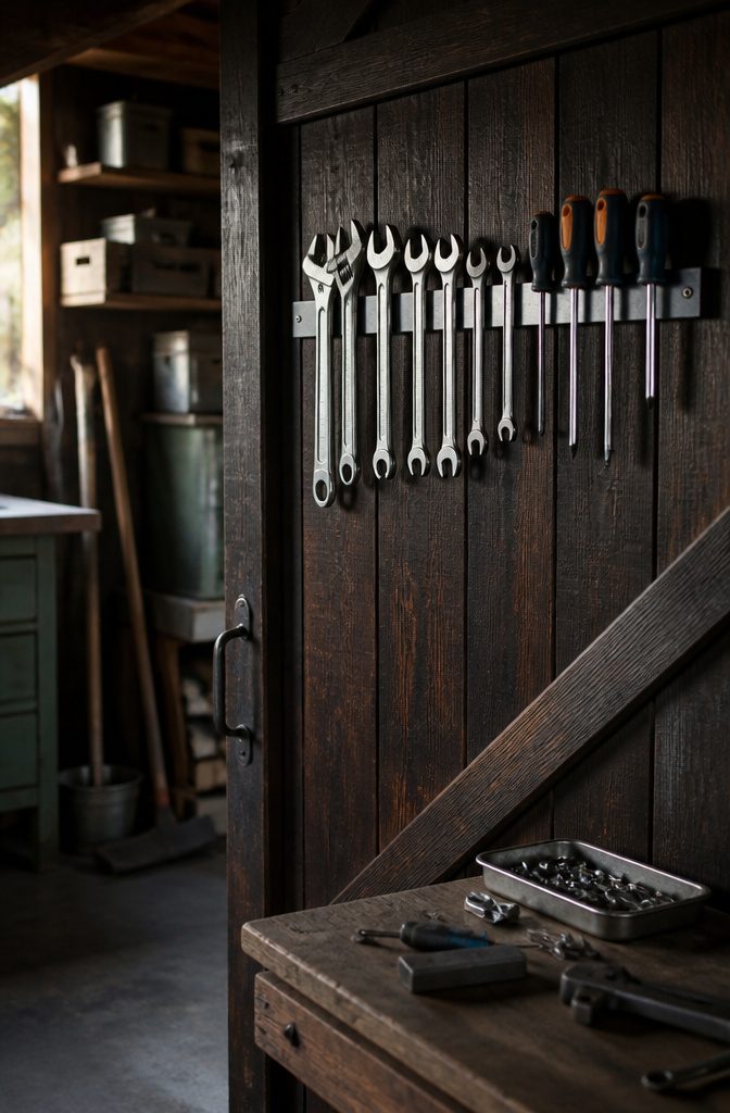 18 Shed Organization Ideas for Tools, Supplies and Storage (2026) 6 A magnetic strip mounted on a shed door displaying wrenches and screwdrivers.