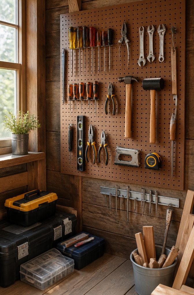 18 Shed Organization Ideas for Tools, Supplies and Storage (2026) 5 A pegboard with neatly arranged hand tools and labels.