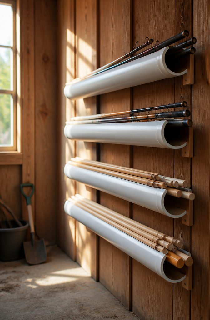 18 Shed Organization Ideas for Tools, Supplies and Storage (2026) 8 Short sections of PVC pipe mounted to a wall holding various long items.
