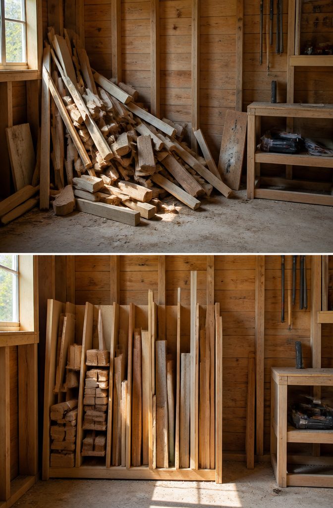 18 Shed Organization Ideas for Tools, Supplies and Storage (2026) 19 Vertical bins holding different lengths of scrap wood.