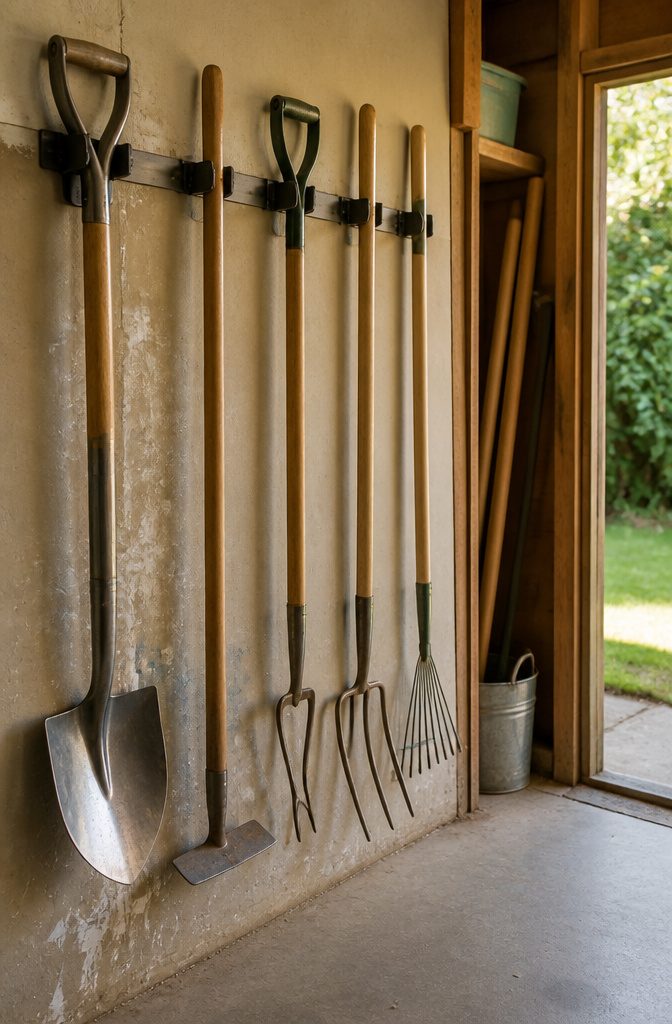 18 Shed Organization Ideas for Tools, Supplies and Storage (2026) 4 Wall-mounted hooks displaying various long-handled garden tools.