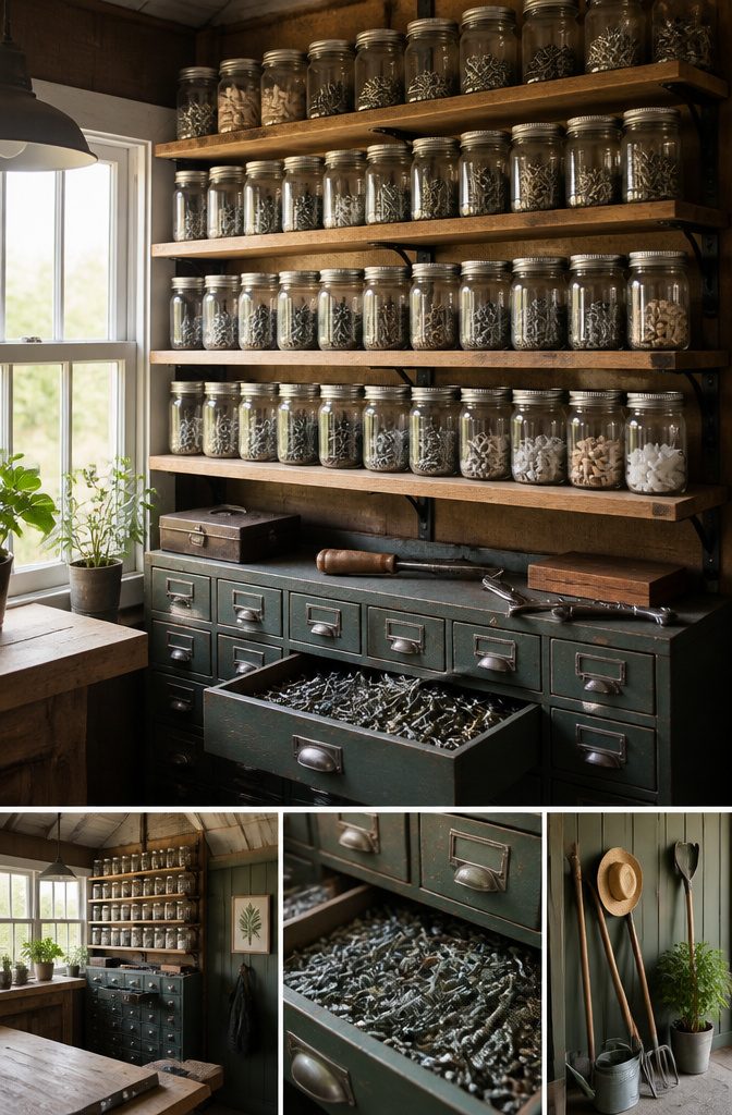 18 Shed Organization Ideas for Tools, Supplies and Storage (2026) 7 Shelves with labeled jars filled with nails, screws, and bolts.