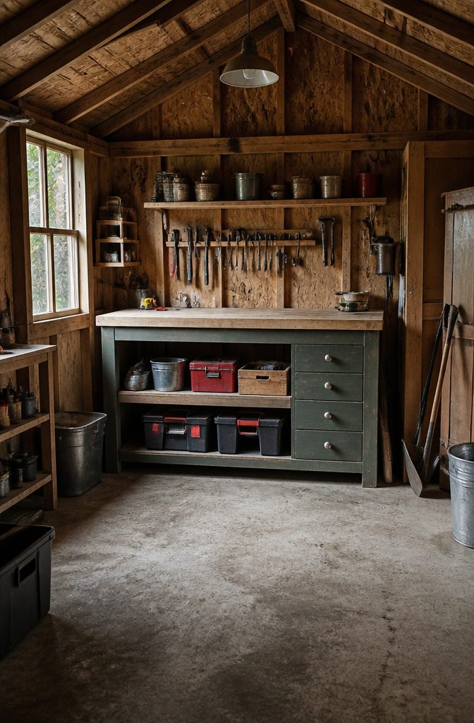 18 Shed Organization Ideas for Tools, Supplies and Storage (2026) 17 A workbench with shelves below, designed for a small shed.