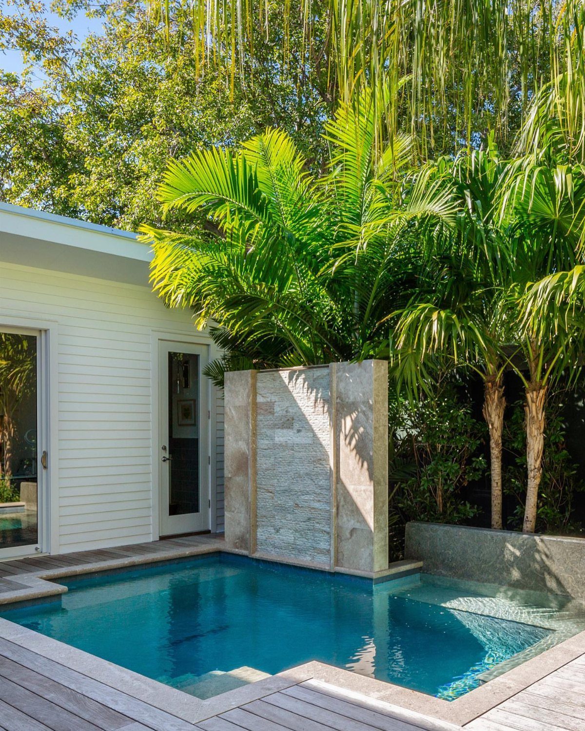A small blue plunge pool surrounded by palm trees and a stone wall next to a white house.