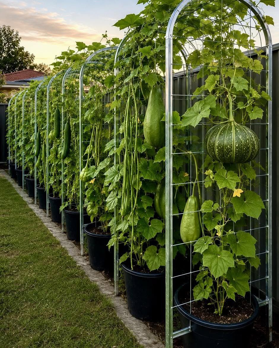 Metal garden arches with climbing vines and large hanging gourds in black pots.