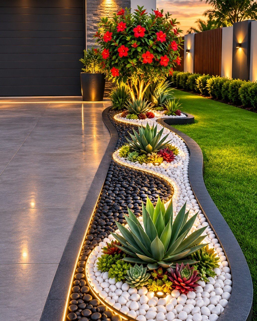 A winding garden bed with succulents, white pebbles, and integrated LED strip lighting along a driveway.