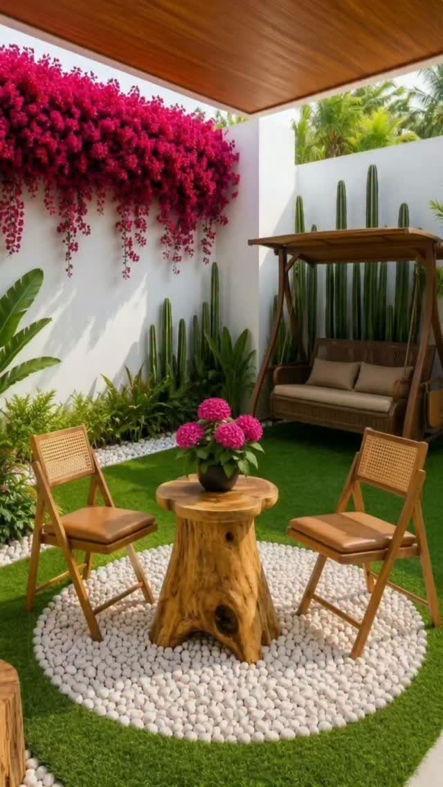 Wooden garden seating area with a stump table, pink flowers, and a swing bench under bougainvillea.