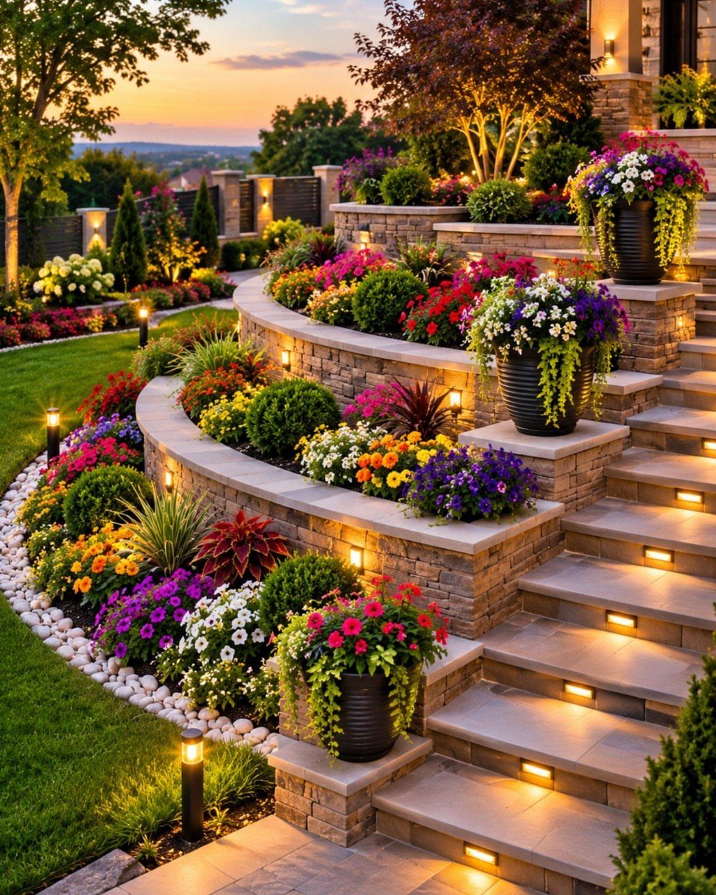 Tiered stone garden beds filled with colorful flowers and lush greenery next to illuminated stone steps.