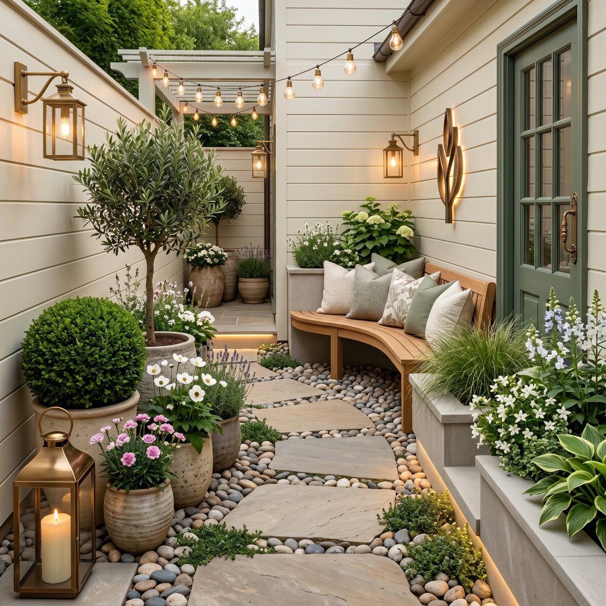 Stone slab walkway through a narrow garden with potted plants and overhead string lights.