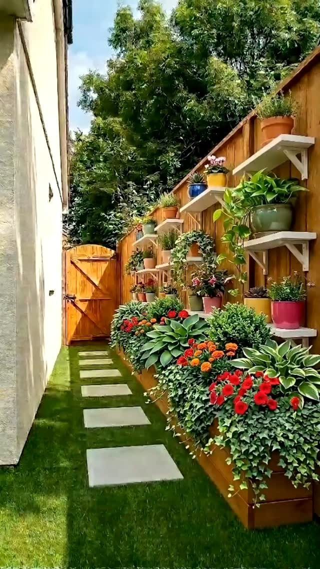 Wall-mounted white shelves holding colorful potted plants along a wooden fence in a side garden.