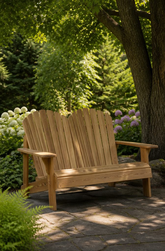 Wide Adirondack loveseat bench crafted from natural cedar.