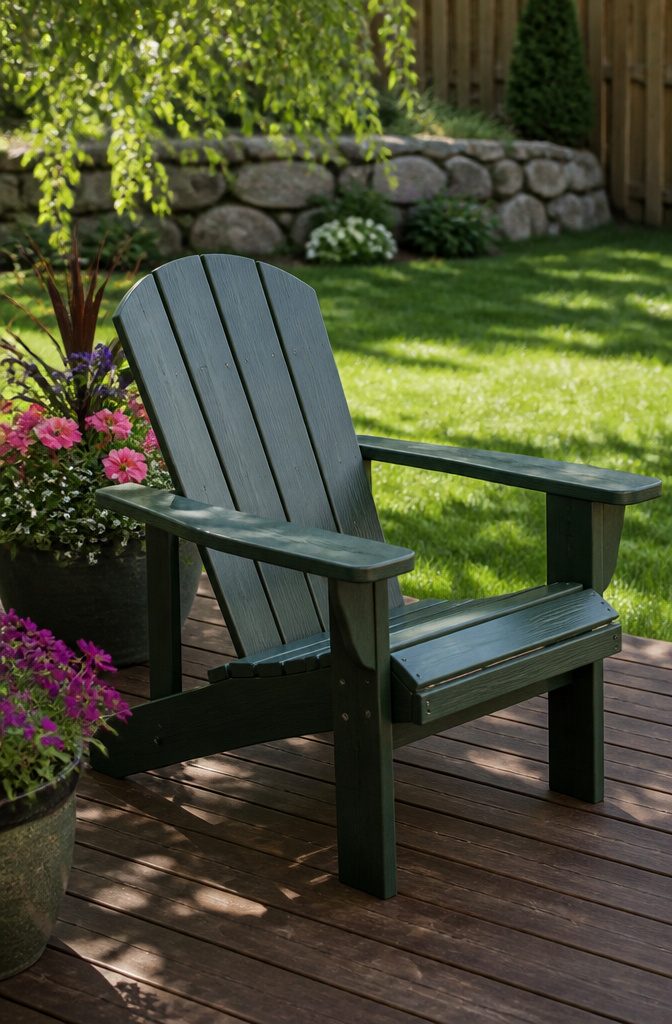Classic Adirondack chair made of pine with dark green finish.